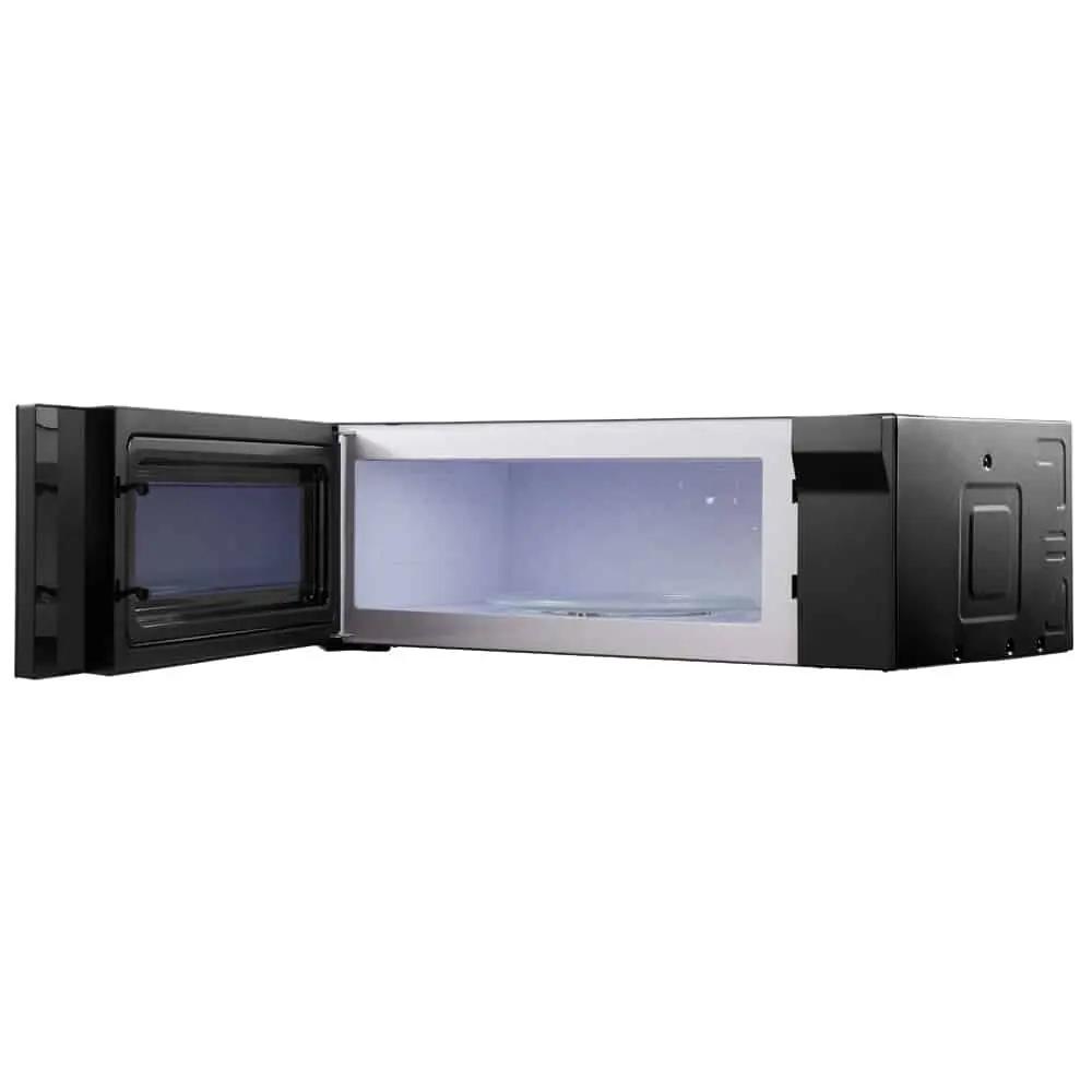 Low-Profile 30" Over-The-Range Microwave Oven in Black Glass with Stainless Steel Trim