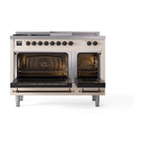 ILVE UN48FSQNMPAWB Nostalgie II Noblesse 48 inch Dual Fuel Range (5 Sealed Burners + Griddle + French Top, Natural Gas, Solid Door, Antique White, Burnished)