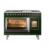 ILVE UN48FNMPEGBLP Nostalgie II Noblesse 48 inch Dual Fuel Range (8 Sealed Burners + Griddle, Liquid Propane, Triple Glass Door, Emerald Green, Burnished)