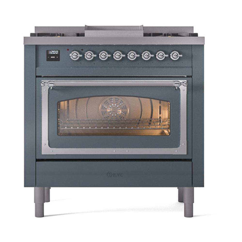 ILVE UN36FNMPBGCLP Nostalgie II Noblesse 36 inch Dual Fuel Range (Liquid Propane, Triple Glass Door, Blue Grey, Chrome)