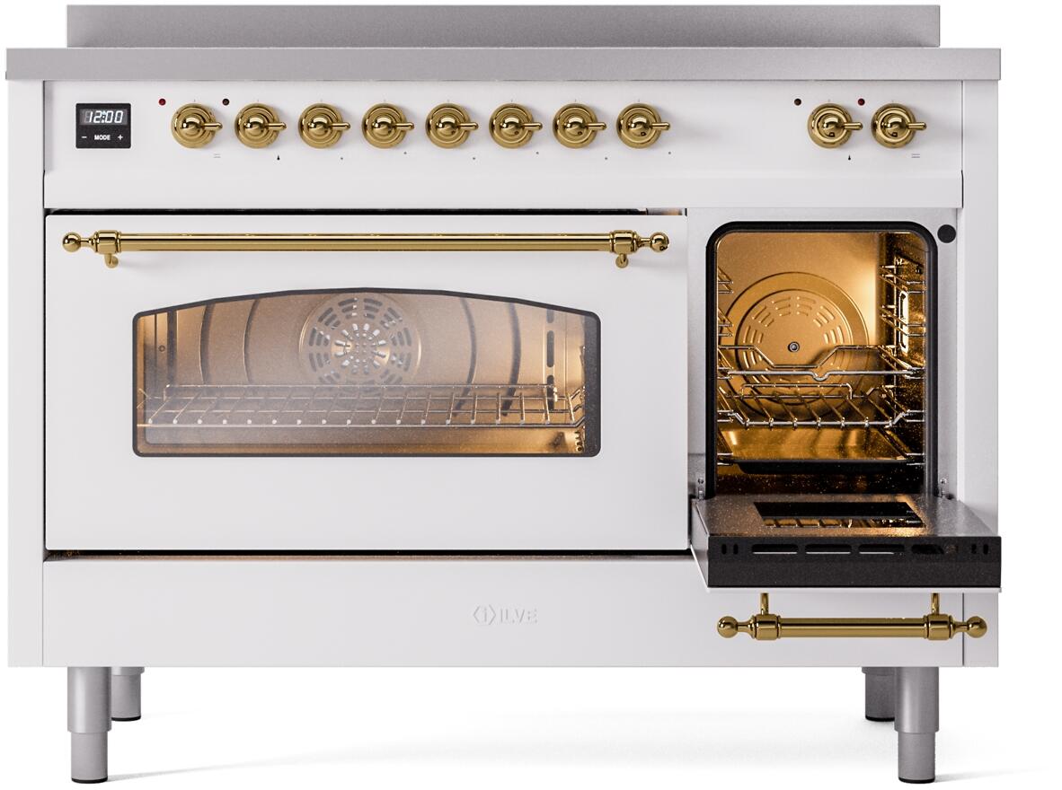 Nostalgie II 48 Inch Electric Freestanding Range in White with Brass Trim