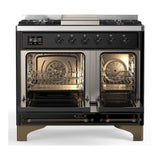 ILVE UMD40FNR3BKBLP Majestic III 40 inch Dual Fuel Range with 6 Burners and Griddle, Dual Function Burner up to 25,000 BTU (Liquid Propane, Triple Glass Door, Glossy Black, Burnished)