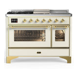 ILVE UM48FSNR3AWGLP Majestic III 48 inch Dual Fuel Range with 5 Black Brass Burners, Griddle and French Top, Dual Function Burner up to 25,000 BTU (Liquid Propane, Triple Glass Door, Antique White, Brass)