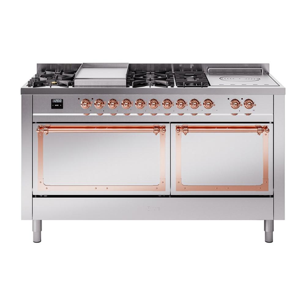 ILVE UN60FSQNMPSSPLP Nostalgie II Noblesse 60 inch Dual Fuel Range (7 Sealed Burners + Griddle + French Top, Liquid Propane, Solid Door, Stainless Steel, Copper)