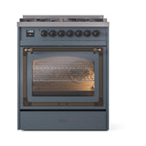 ILVE UN30NMPBGBLP Nostalgie II Noblesse 30 inch Dual Fuel Range (Liquid Propane, Triple Glass Door, Blue Grey, Burnished)