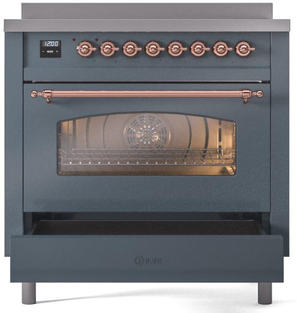 Nostalgie II 36 Inch Electric Freestanding Range in Blue Grey with Copper Trim
