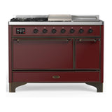 ILVE UM48FSQNR3BUBLP Majestic III 48 inch Dual Fuel Range with 5 Black Brass Burners, Griddle and French Top, Dual Function Burner up to 25,000 BTU (Liquid Propane, Solid Door, Burgundy, Burnished)