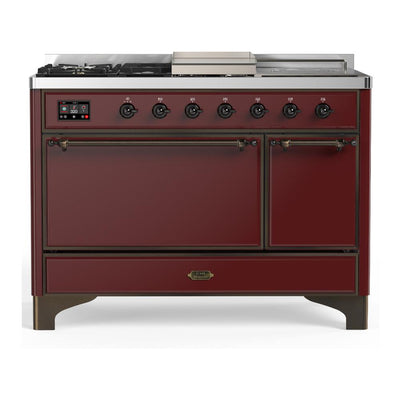 ILVE UM48FSQNR3BUBLP Majestic III 48 inch Dual Fuel Range with 5 Black Brass Burners, Griddle and French Top, Dual Function Burner up to 25,000 BTU (Liquid Propane, Solid Door, Burgundy, Burnished)