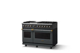 48"W. Dual Fuel Range (Burner: 6g, Finish: Cast Black, Trim: Brushed Brass, Fuel: Natural Gas)