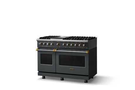 48"W. Dual Fuel Range (Burner: 6g, Finish: Cast Black, Trim: Polished Chrome, Fuel: Propane)