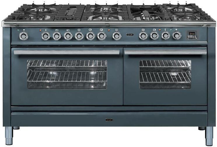 Professional Plus 60 Inch Dual Fuel Natural Gas Freestanding Range in Blue Grey with Chrome Trim