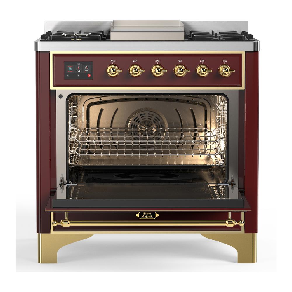 ILVE UM36FQNR3BUG Majestic III 36 inch Dual Fuel Range with 6 Black Brass Burners and Griddle, Dual Function Burner up to 25,000 BTU (Solid Door, Burgundy, Brass, Natural Gas)