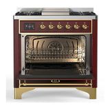 ILVE UM36FQNR3BUG Majestic III 36 inch Dual Fuel Range with 6 Black Brass Burners and Griddle, Dual Function Burner up to 25,000 BTU (Solid Door, Burgundy, Brass, Natural Gas)