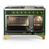 ILVE UM48FNR3EGGLP Majestic III 48 inch Dual Fuel Range with 8 Burners and Griddle, Dual Function Burner up to 25,000 BTU (Liquid Propane, Triple Glass Door, Emerald Green, Brass)