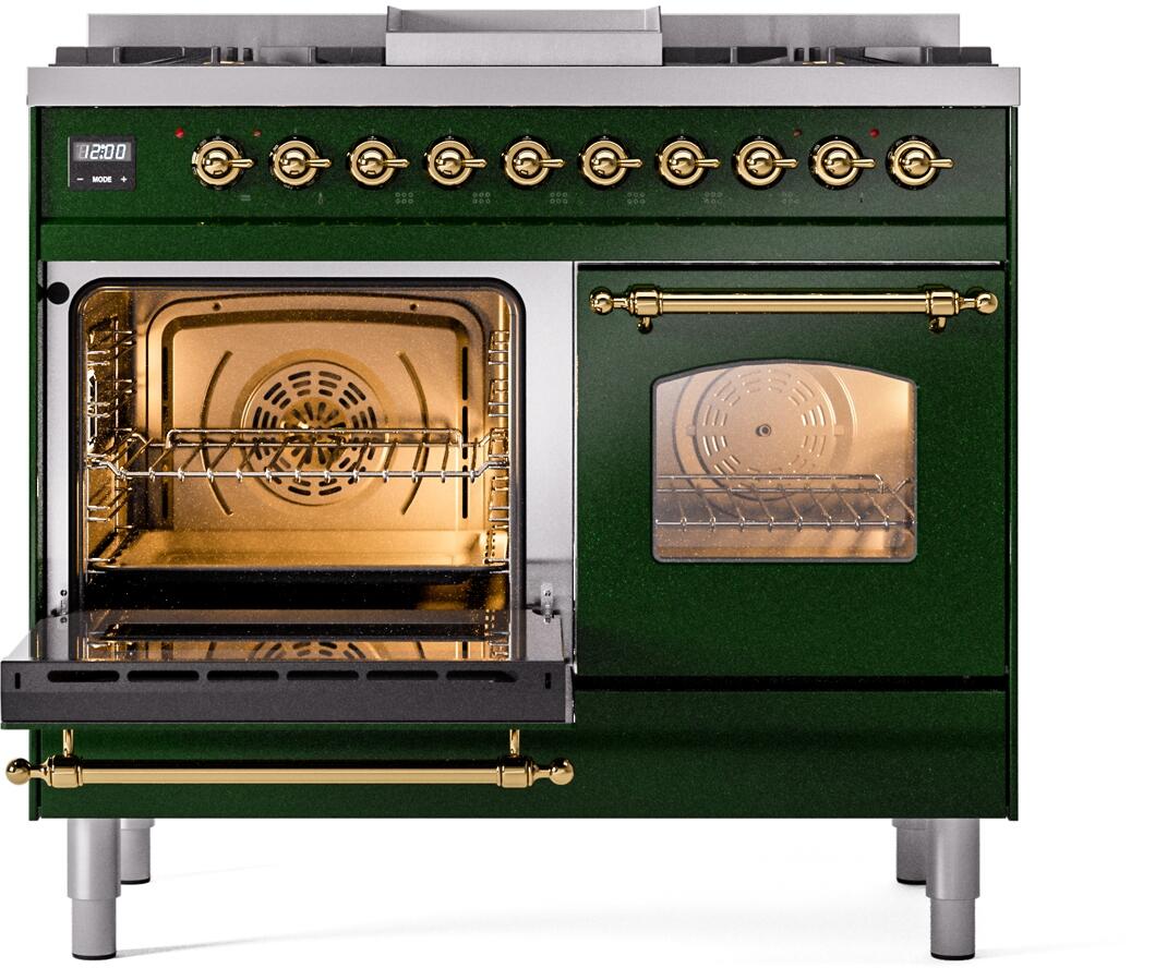 Nostalgie II 40 Inch Dual Fuel Natural Gas Freestanding Range in Emerald Green with Brass Trim