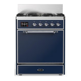 ILVE UM30QNR3MBC Majestic III 30 inch Dual Fuel Range with 5 Black Brass Burners, Dual Function Burner up to 25,000 BTU (Natural Gas, Solid Door, Midnight Blue, Chrome)