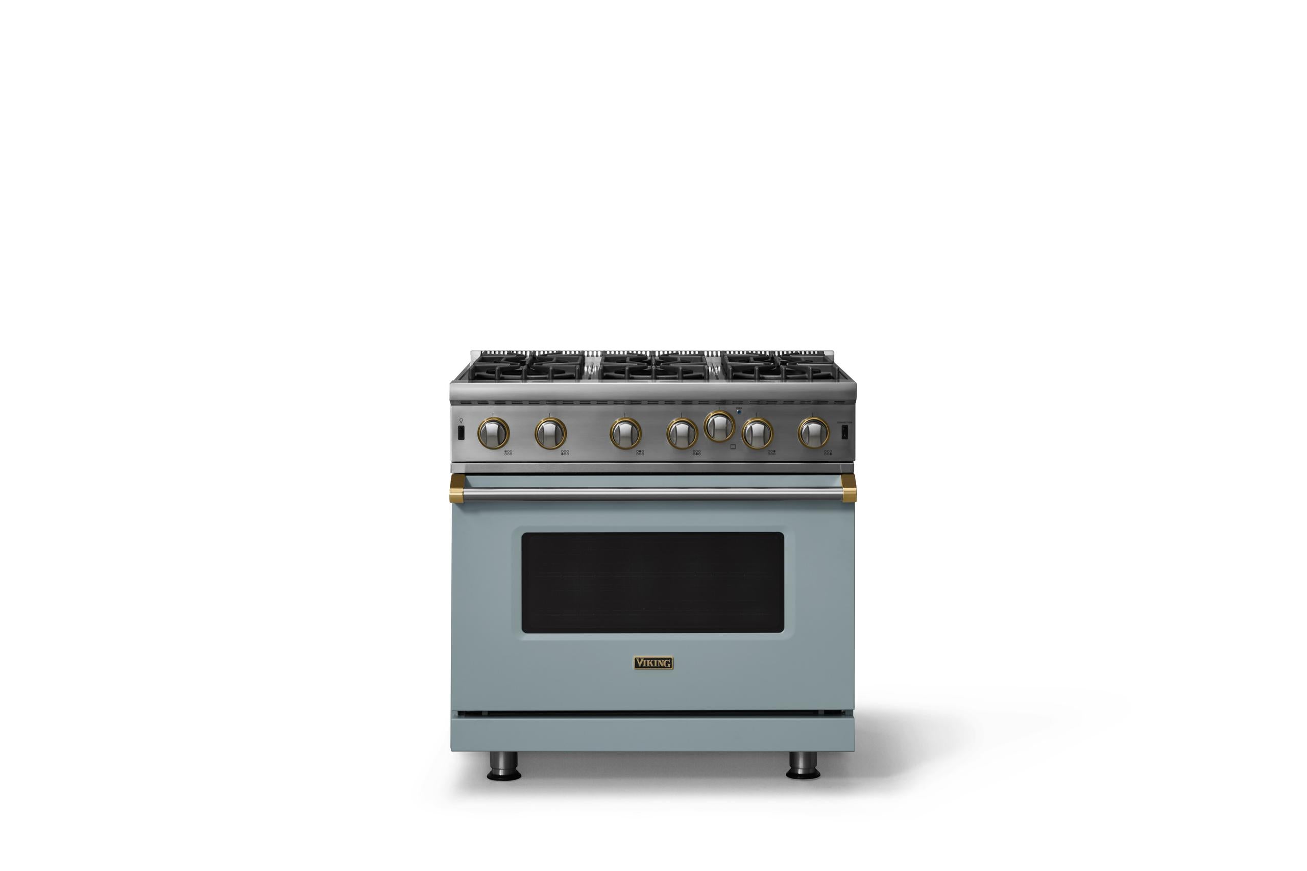 36"W. Open Burner Gas Range (Finish: November Sky, Trim: Brushed Brass, Fuel: Propane)