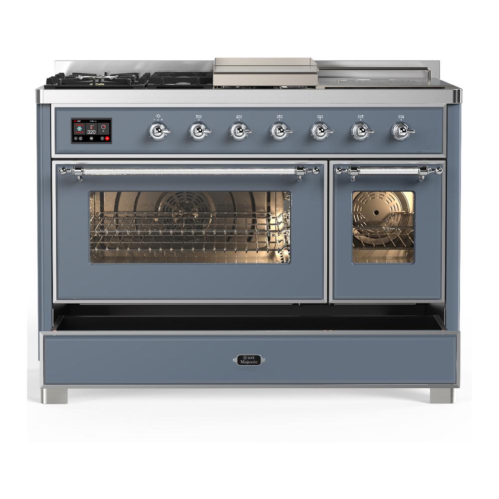 ILVE UM48FSNR3BGCLP Majestic III 48 inch Dual Fuel Range with 5 Black Brass Burners, Griddle and French Top, Dual Function Burner up to 25,000 BTU (Liquid Propane, Triple Glass Door, Blue Grey, Chrome)