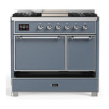ILVE UMD40FQNR3BGC Majestic III 40 inch Dual Fuel Range with 6 Burners and Griddle, Dual Function Burner up to 25,000 BTU (Natural Gas, Solid Door, Blue Grey, Chrome)