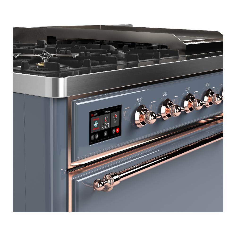 ILVE UM48FQNR3BGPLP Majestic III 48 inch Dual Fuel Range with 8 Burners and Griddle, Dual Function Burner up to 25,000 BTU (Liquid Propane, Solid Door, Blue Grey, Copper)