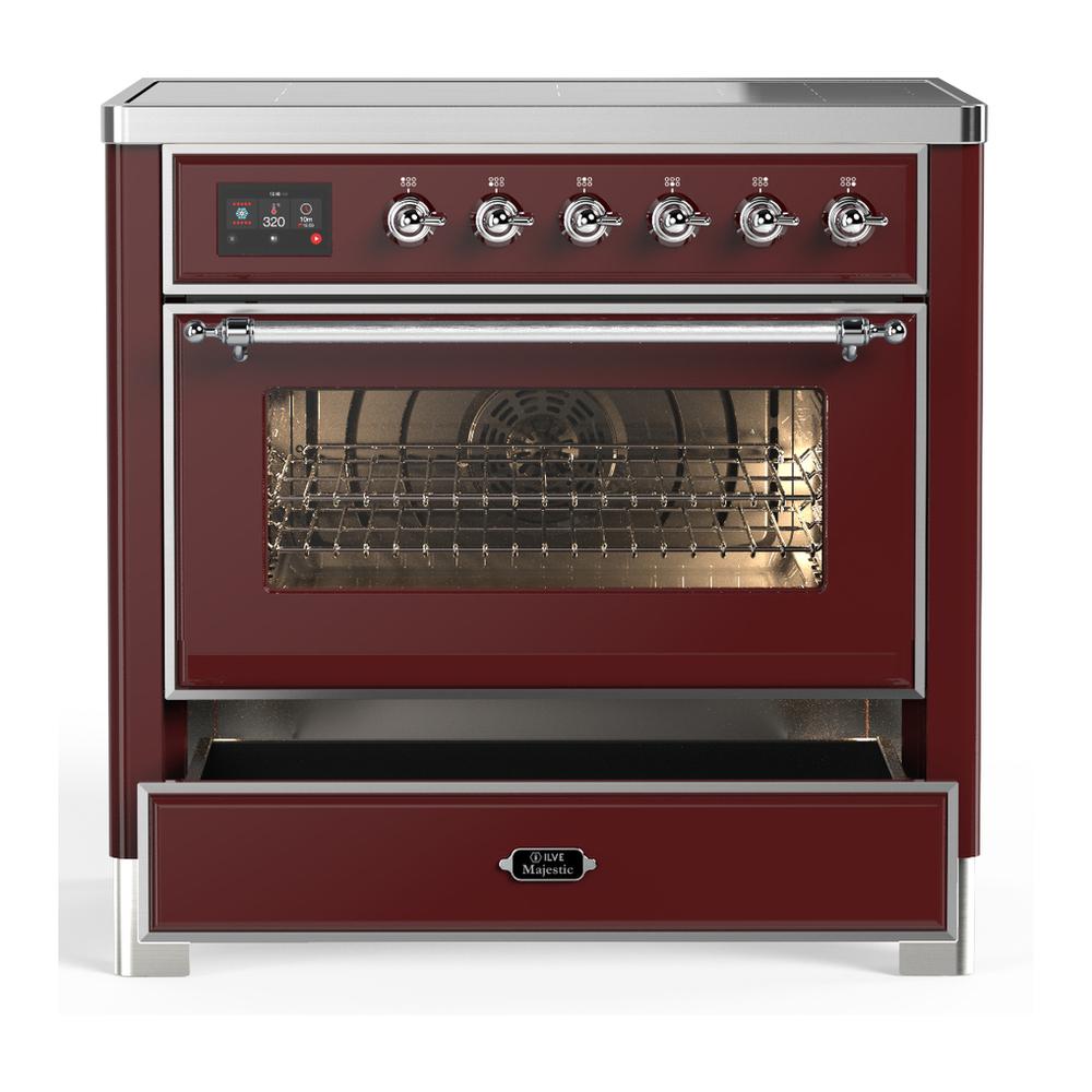 ILVE UMIB36NR3BUC Majestic III 36 inch Induction Range with 6 Elements, 3.5 cu. ft. Total Oven Capacity (Triple Glass Door, Burgundy, Chrome)