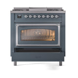 ILVE UN36FNMPBGC Nostalgie II Noblesse 36 inch Dual Fuel Range (Natural Gas, Triple Glass Door, Blue Grey, Chrome)