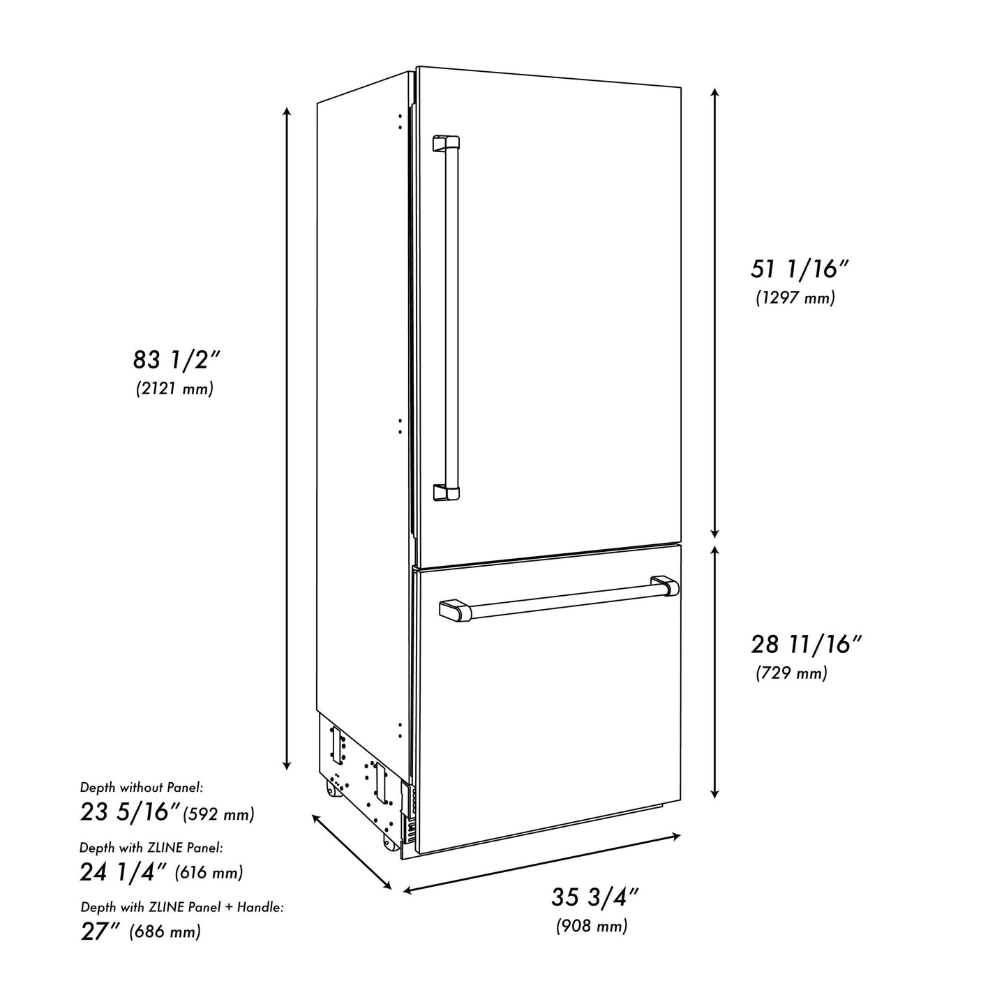ZLINE Autograph Edition 36 in. 19.8 cu. ft. Built-In Bottom Freezer Refrigerator with Water Dispenser and Ice Maker in DuraSnow' Stainless Steel and Champagne Bronze Accents (RBITZ-SN-36-CB)