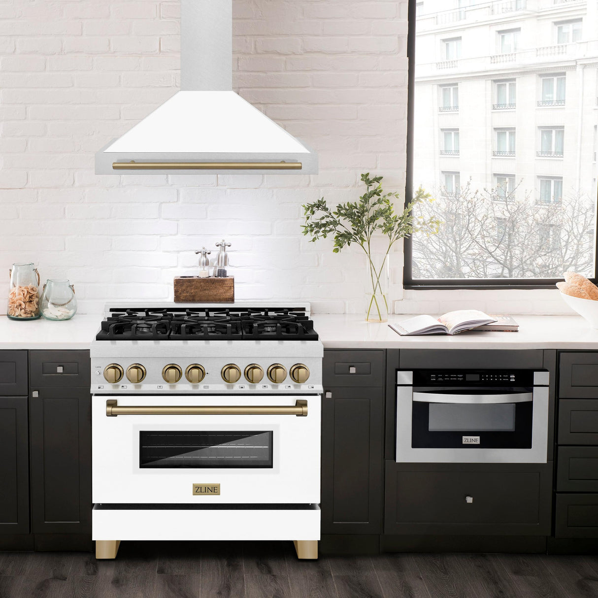 ZLINE 36 in. Autograph Edition Convertible Fingerprint Resistant DuraSnow Stainless Steel Range Hood with White Matte Shell and Champagne Bronze Handle (KB4SNZ-WM36-CB) [Color: Champagne Bronze Accents]