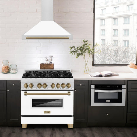 ZLINE 36 in. Autograph Edition Convertible Fingerprint Resistant DuraSnow Stainless Steel Range Hood with White Matte Shell and Champagne Bronze Handle (KB4SNZ-WM36-CB) [Color: Champagne Bronze Accents]