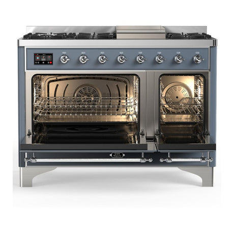 ILVE UM48FNR3BGCLP Majestic III 48 inch Dual Fuel Range with 8 Burners and Griddle, Dual Function Burner up to 25,000 BTU (Liquid Propane, Triple Glass Door, Blue Grey, Chrome)
