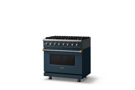 36"W. Dual Fuel Range (Burner: 6b, Finish: Squall, Trim: Brushed Brass, Fuel: Natural Gas)
