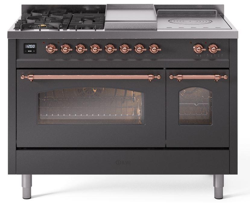 Nostalgie II 48 Inch Dual Fuel Natural Gas Freestanding Range in Matte Graphite with Copper Trim