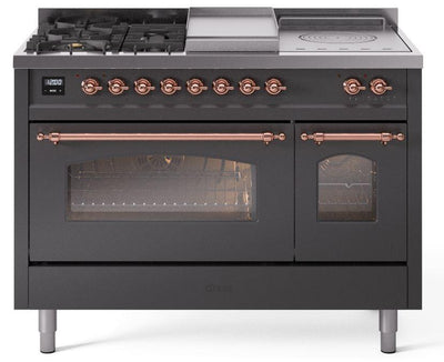 Nostalgie II 48 Inch Dual Fuel Natural Gas Freestanding Range in Matte Graphite with Copper Trim