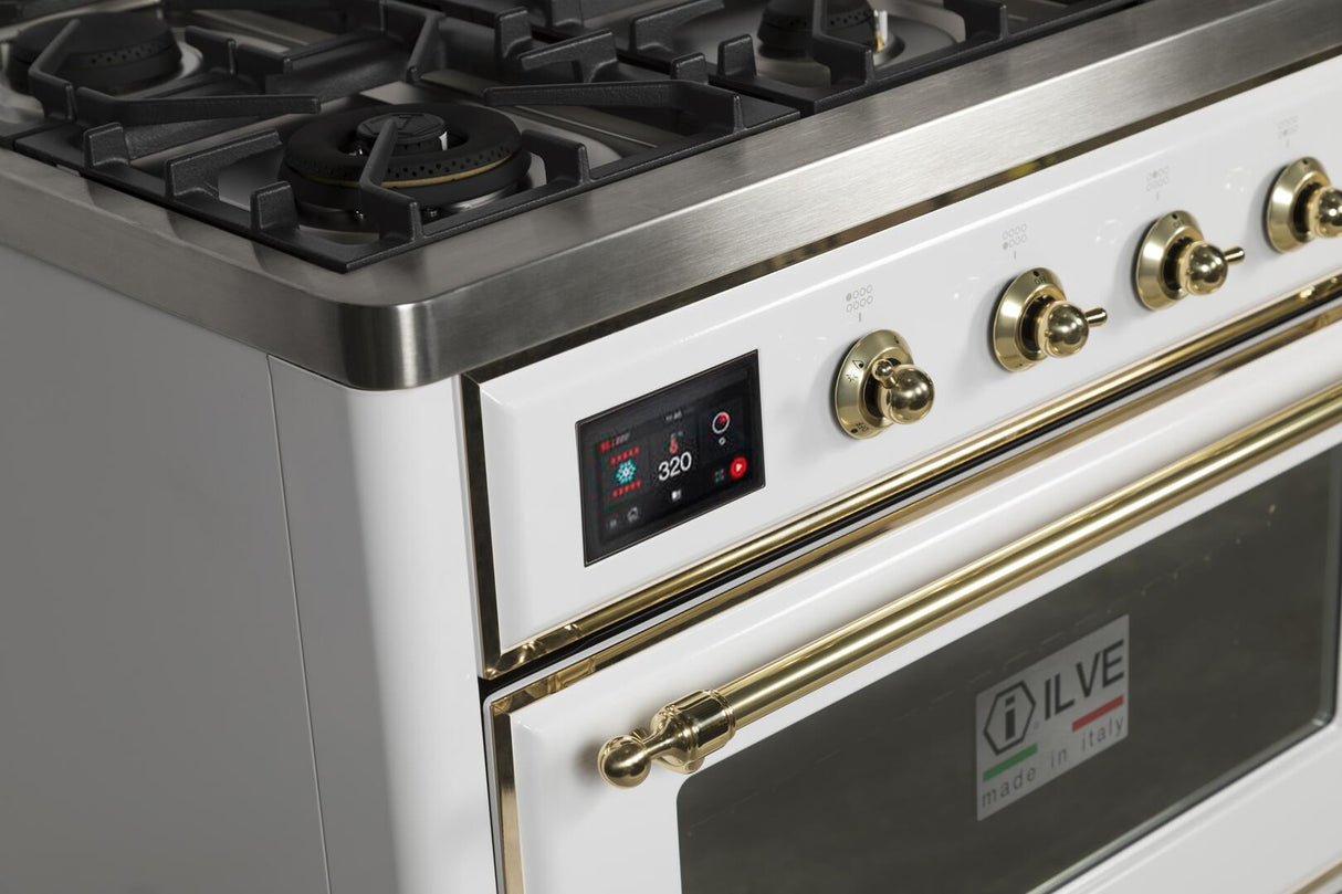 Majestic II 48 Inch Dual Fuel Liquid Propane Freestanding Range in White with Brass Trim