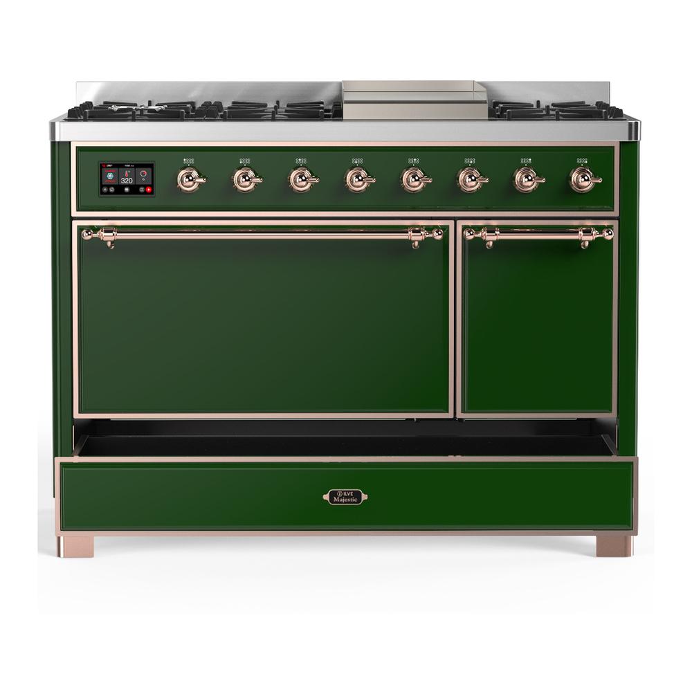 ILVE UM48FQNR3EGPLP Majestic III 48 inch Dual Fuel Range with 8 Burners and Griddle, Dual Function Burner up to 25,000 BTU (Liquid Propane, Solid Door, Emerald Green, Copper)