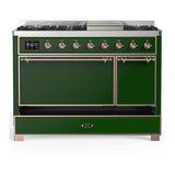 ILVE UM48FQNR3EGPLP Majestic III 48 inch Dual Fuel Range with 8 Burners and Griddle, Dual Function Burner up to 25,000 BTU (Liquid Propane, Solid Door, Emerald Green, Copper)