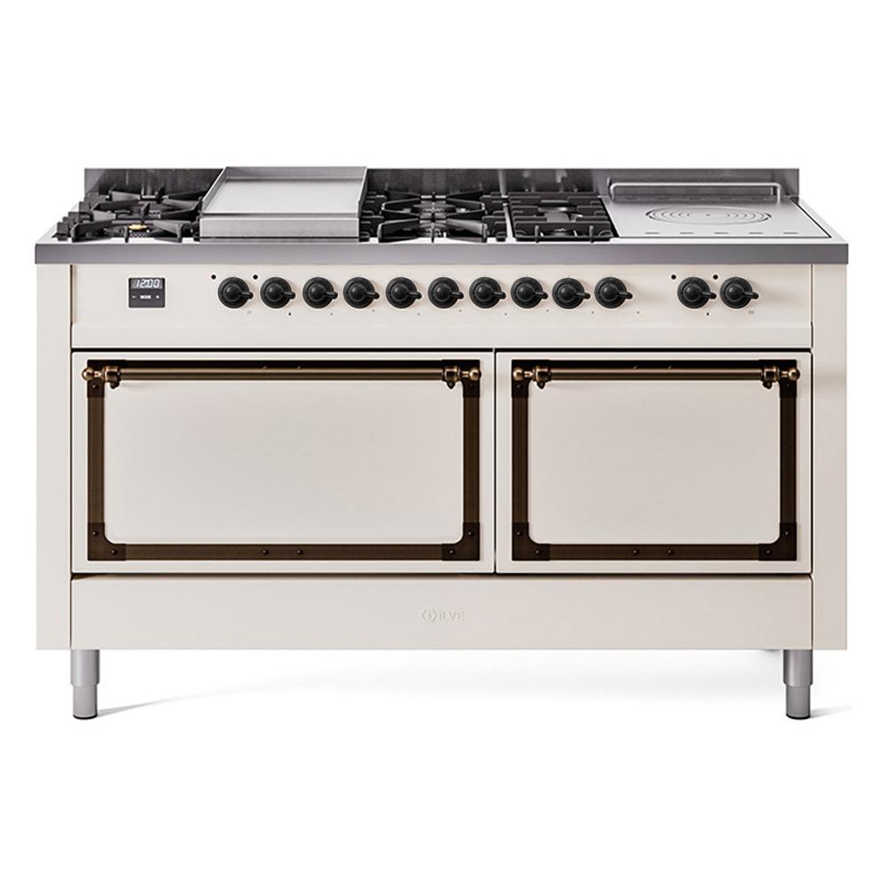 ILVE UN60FSQNMPAWB Nostalgie II Noblesse 60 inch Dual Fuel Range (7 Sealed Burners + Griddle + French Top, Natural Gas, Solid Door, Antique White, Burnished)