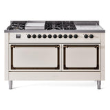 ILVE UN60FSQNMPAWB Nostalgie II Noblesse 60 inch Dual Fuel Range (7 Sealed Burners + Griddle + French Top, Natural Gas, Solid Door, Antique White, Burnished)