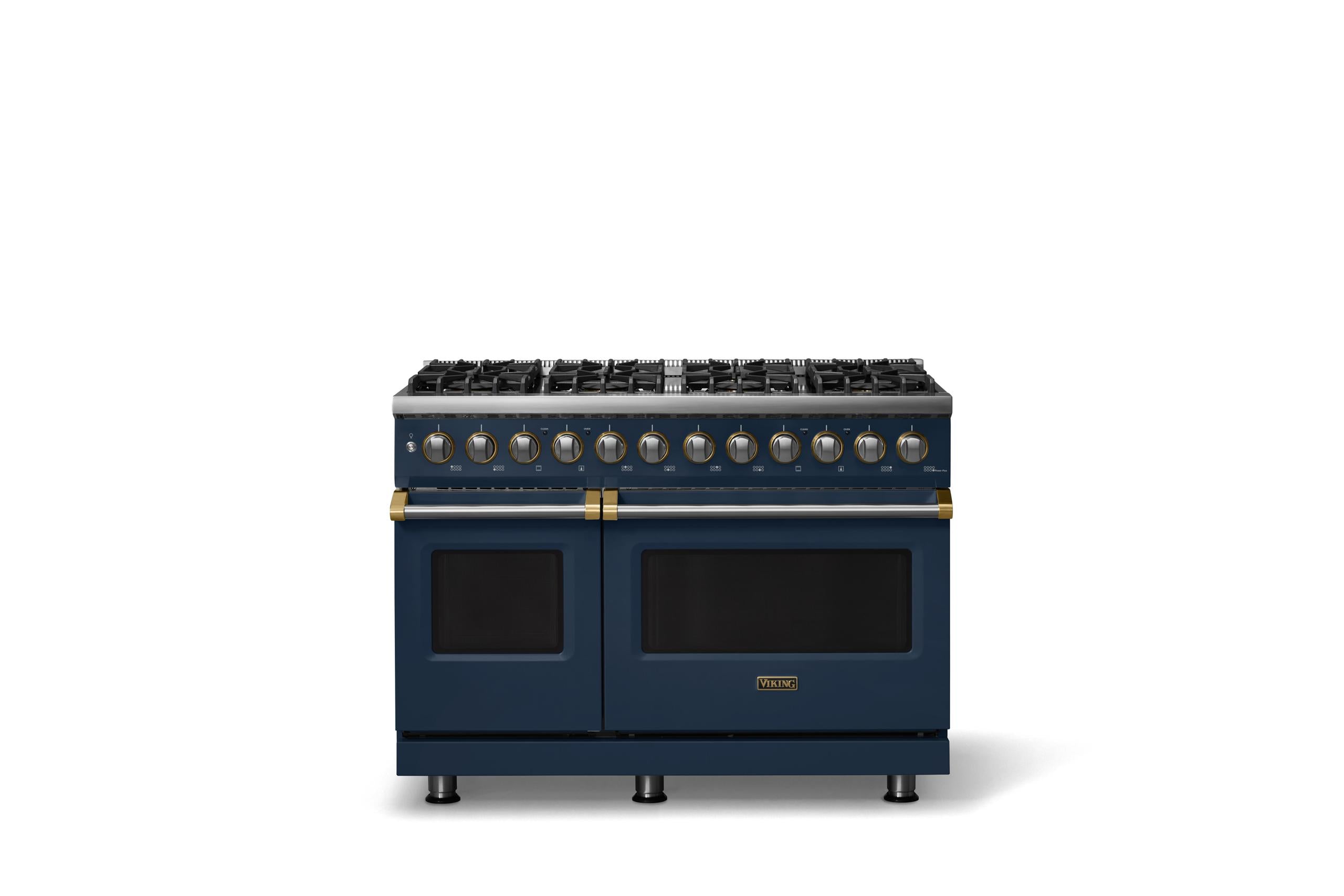 48"W. Dual Fuel Range (Burner: 8b, Finish: Slate Blue, Trim: Brushed Brass, Fuel: Natural Gas)