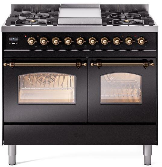 Nostalgie II 40 Inch Dual Fuel Natural Gas Freestanding Range in Glossy Black with Bronze Trim