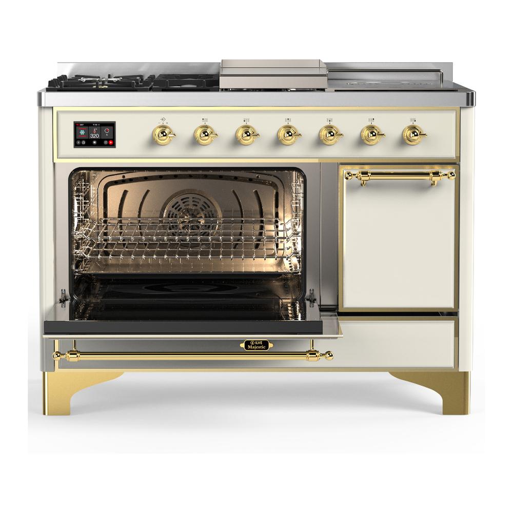 ILVE UM48FSQNR3AWG Majestic III 48 inch Dual Fuel Range with 5 Black Brass Burners, Griddle and French Top, Dual Function Burner up to 25,000 BTU (Natural Gas, Solid Door, Antique White, Brass)