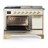 ILVE UM48FSQNR3AWG Majestic III 48 inch Dual Fuel Range with 5 Black Brass Burners, Griddle and French Top, Dual Function Burner up to 25,000 BTU (Natural Gas, Solid Door, Antique White, Brass)