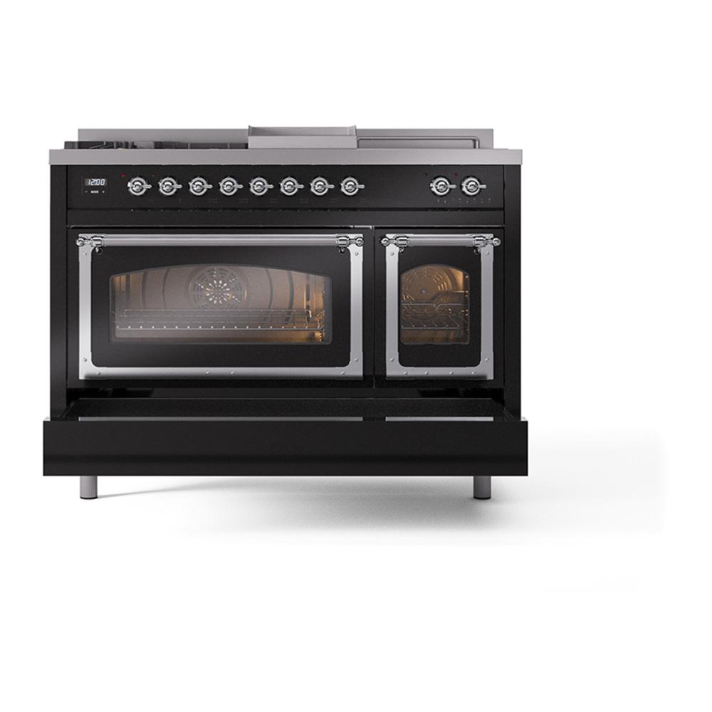 ILVE UN48FSNMPBKCLP Nostalgie II Noblesse 48 inch Dual Fuel Range (5 Sealed Burners + Griddle + French Top, Liquid Propane, Triple Glass Door, Glossy Black, Chrome)