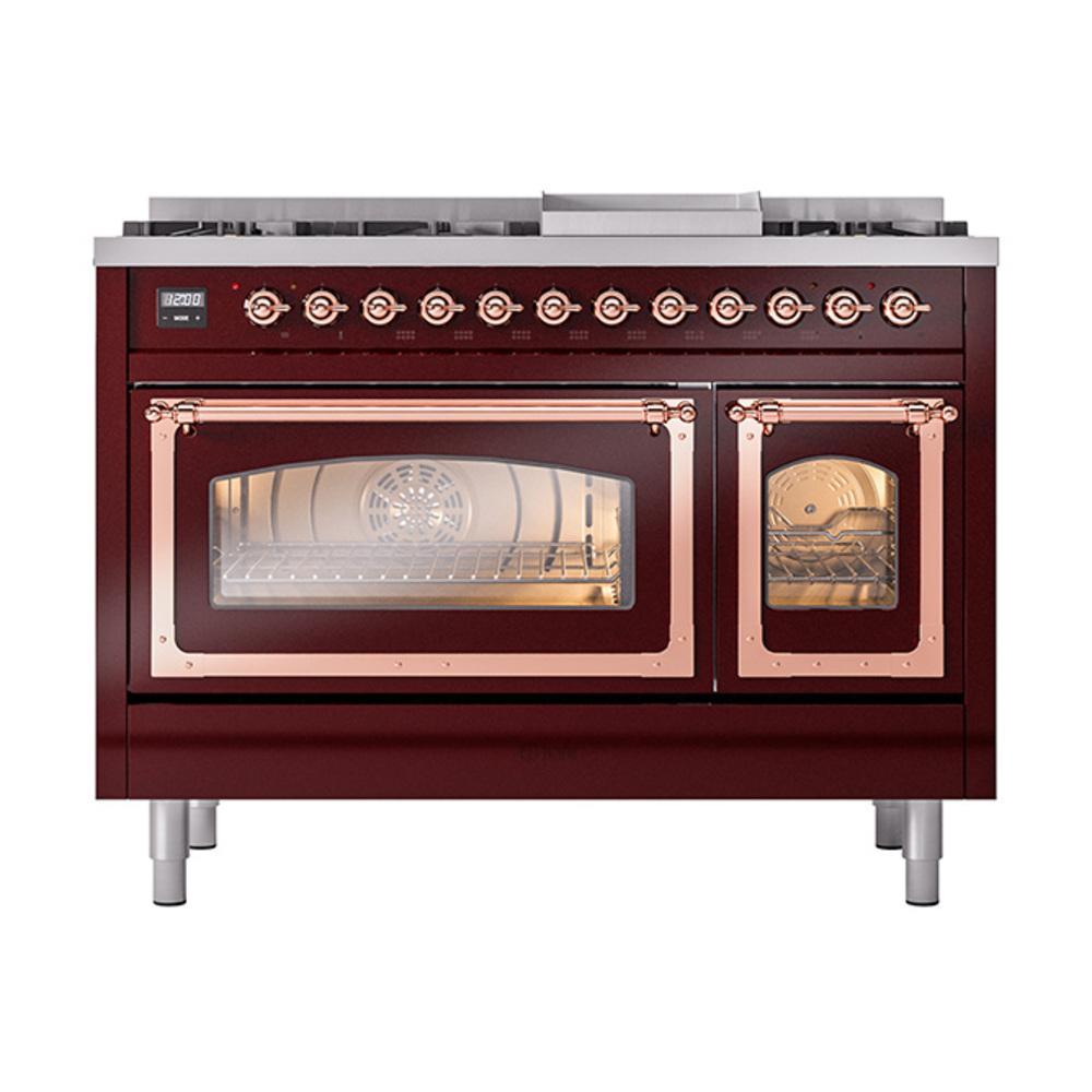 ILVE UN48FNMPBUP Nostalgie II Noblesse 48 inch Dual Fuel Range (8 Sealed Burners + Griddle, Natural Gas, Triple Glass Door, Burgundy, Copper)