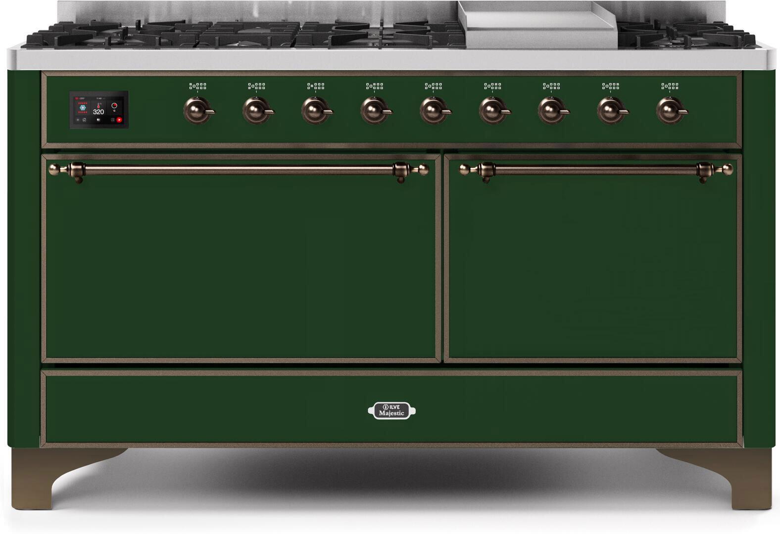 Majestic II 60 Inch Dual Fuel Liquid Propane Freestanding Range in Emerald Green with Bronze Trim