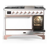 ILVE UM48FQNR3WHPLP Majestic III 48 inch Dual Fuel Range with 8 Burners and Griddle, Dual Function Burner up to 25,000 BTU (Liquid Propane, Solid Door, White, Copper)