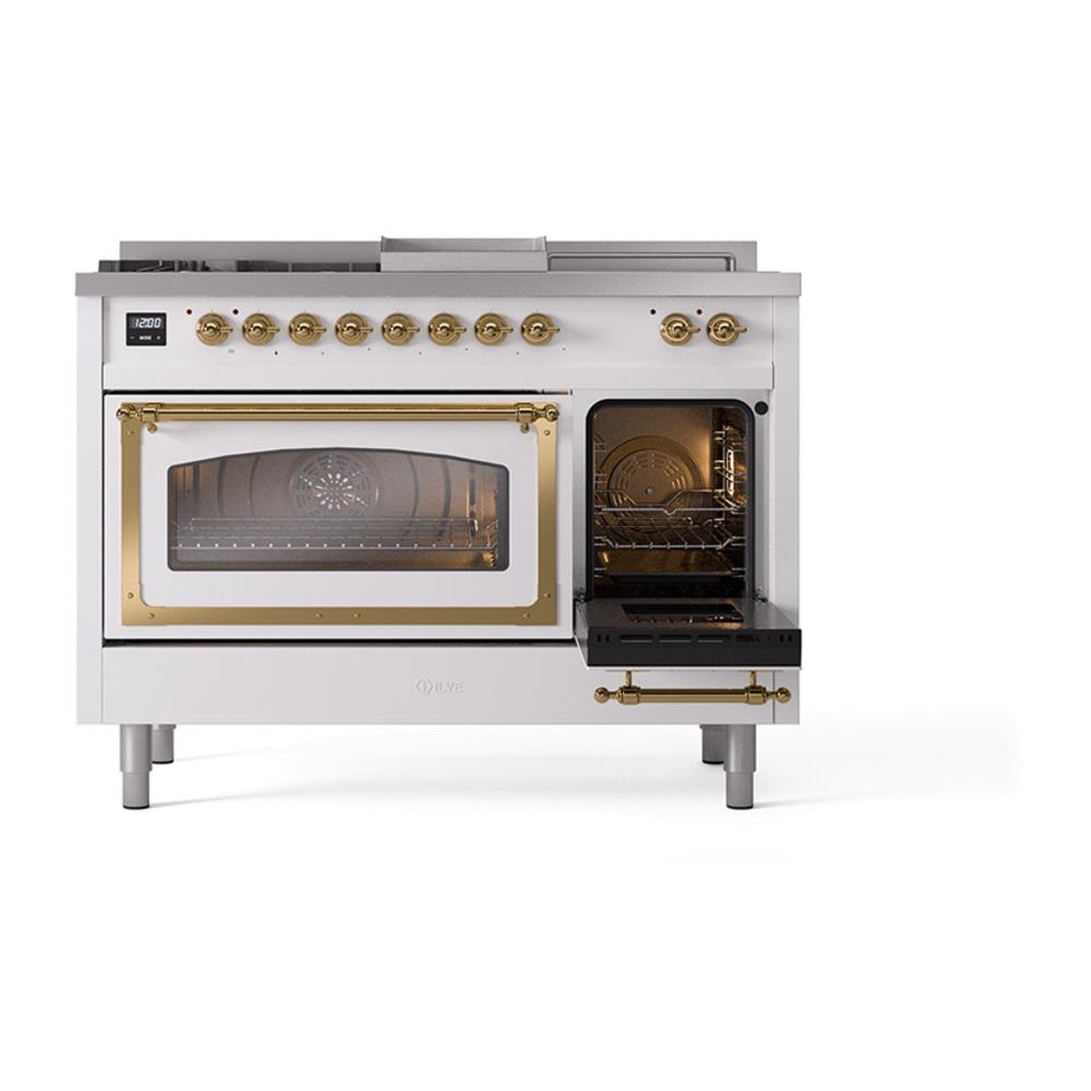 ILVE UN48FSNMPWHGLP Nostalgie II Noblesse 48 inch Dual Fuel Range (5 Sealed Burners + Griddle + French Top, Liquid Propane, Triple Glass Door, White, Brass)