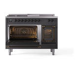 ILVE UN48FSNMPMGBLP Nostalgie II Noblesse 48 inch Dual Fuel Range (5 Sealed Burners + Griddle + French Top, Liquid Propane, Triple Glass Door, Graphite Matte, Burnished)