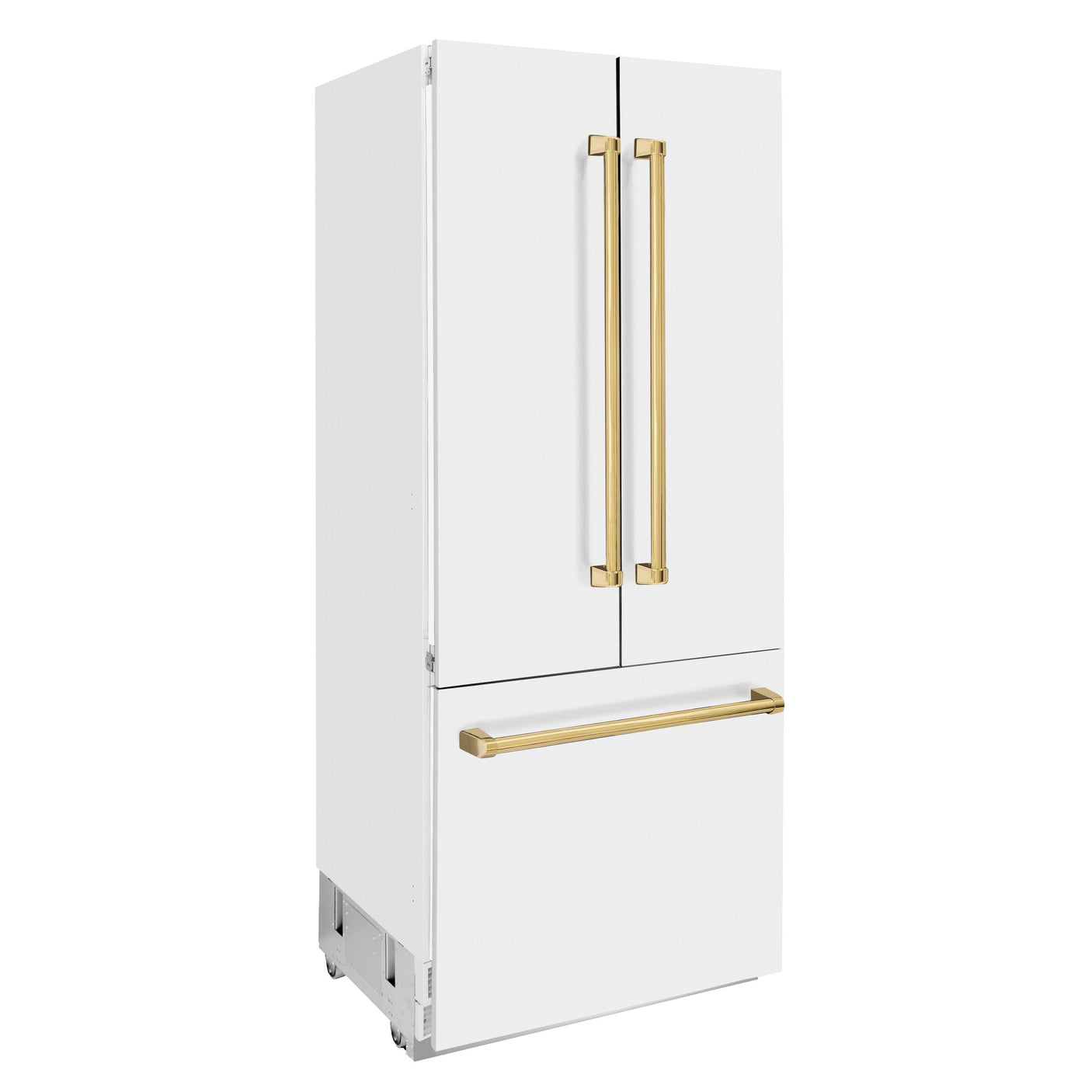 ZLINE 36" Autograph Edition 19.6 cu. ft. Built-in 3-Door French Door Refrigerator with Internal Water and Ice Dispenser in White Matte with Polished Gold Accents (RBIVZ-WM-36-G)