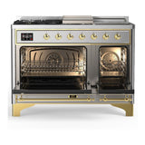 ILVE UM48FSQNR3SSGLP Majestic III 48 inch Dual Fuel Range with 5 Black Brass Burners, Griddle and French Top, Dual Function Burner up to 25,000 BTU (Liquid Propane, Solid Door, Stainless Steel, Brass)